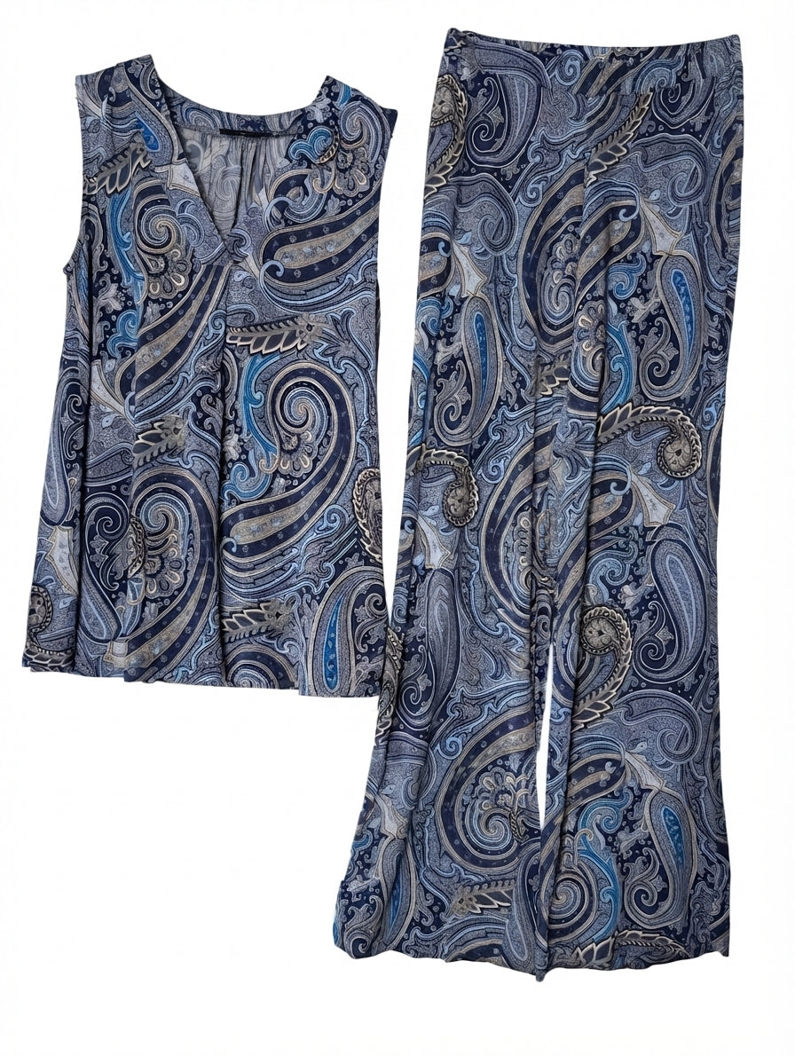 Alpha Studio Paisley Sleeveless Top and Wide Leg Pants Set Blue IT 44 - Image 1