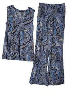Alpha Studio Paisley Sleeveless Top and Wide Leg Pants Set Blue IT 44 - Image 1