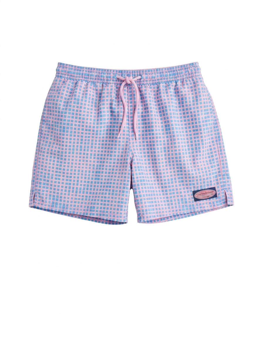 Vineyard Vines Men's Chappy Swim Trunks - Pink and Blue Grid Print - Image 1