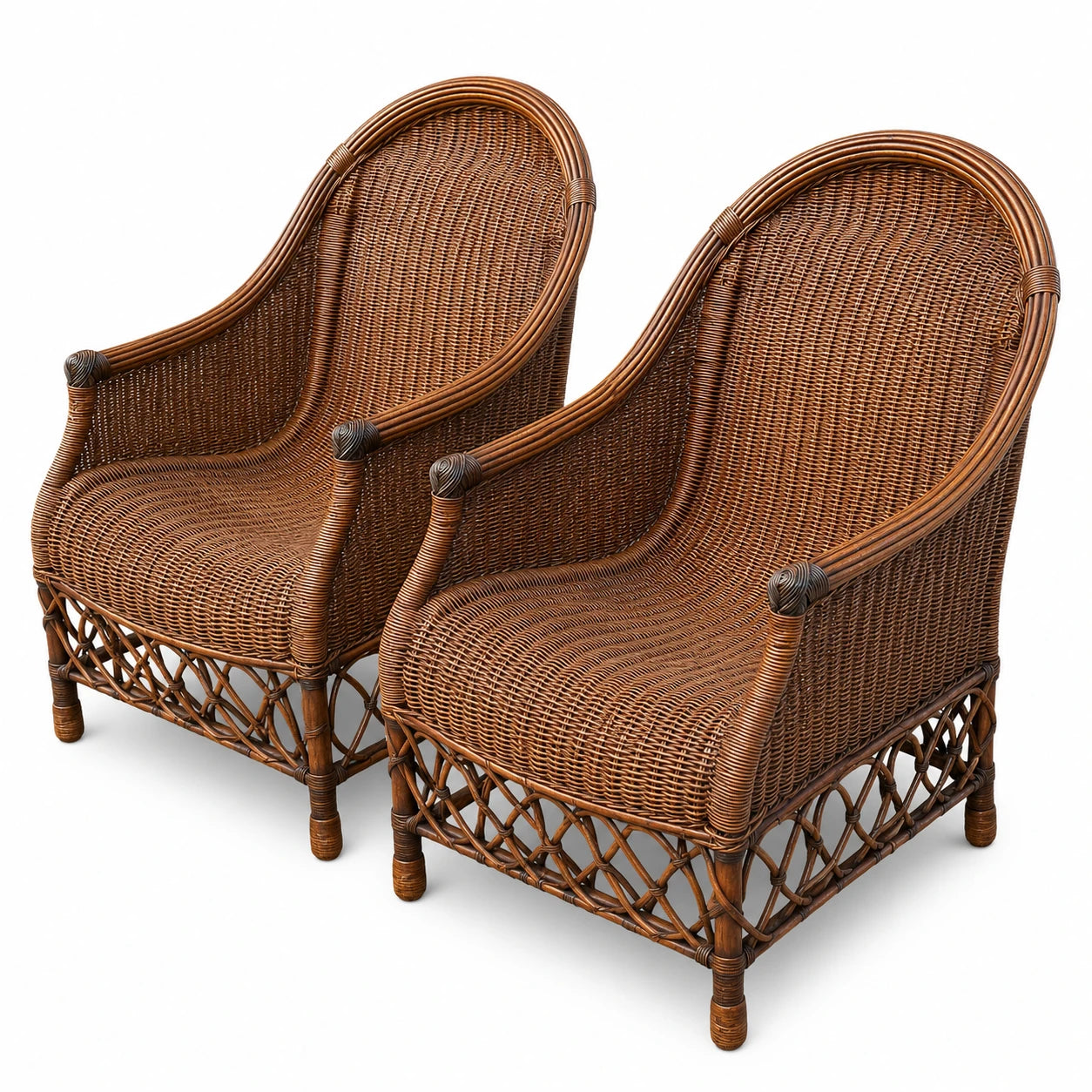 Vintage Wicker Rattan Barrel Back Armchairs - Set of 2 - Image 1