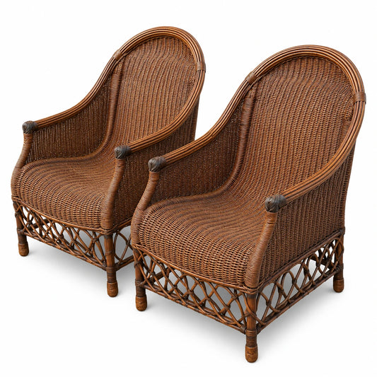 Vintage Wicker Rattan Barrel Back Armchairs - Set of 2 - Image 1