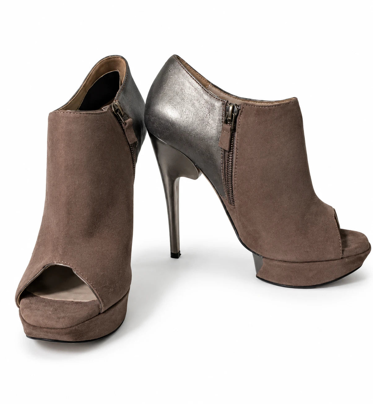 Nicholas Kirkwood Taupe Suede & Metallic Peep Toe Platform Booties - EU 38.5 - Image 1