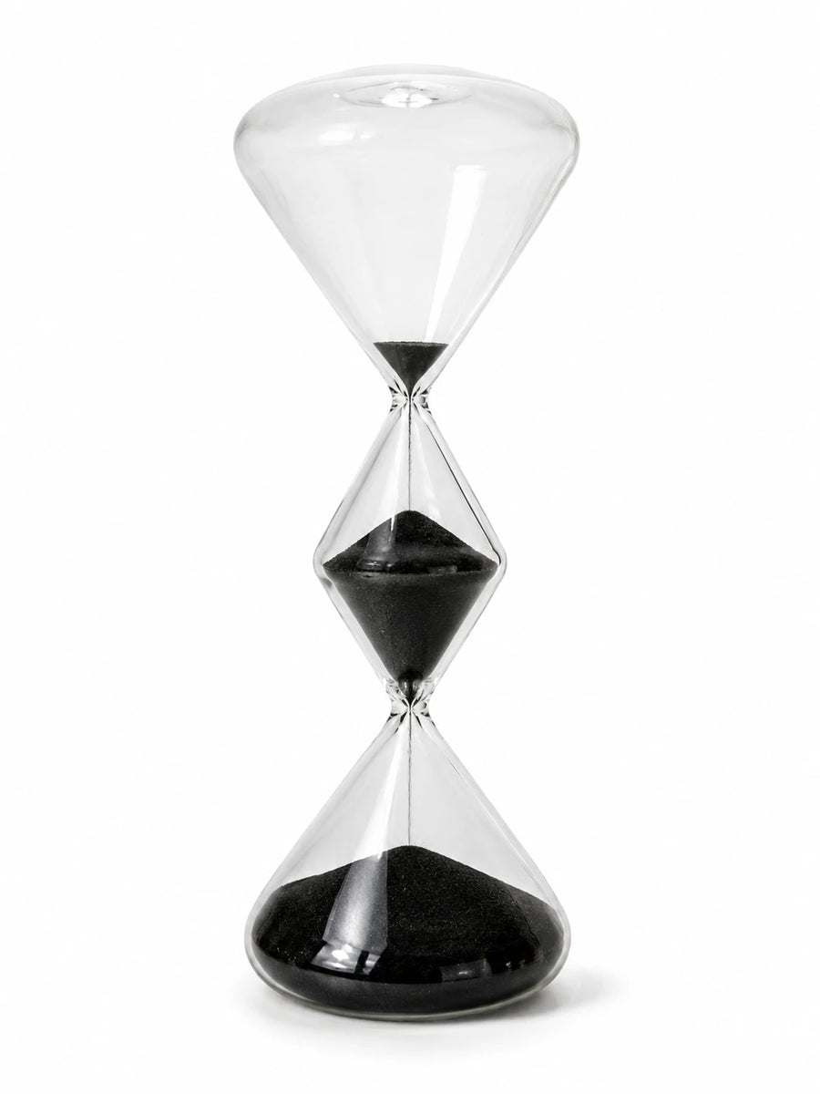 Modern Diamond-Shaped Glass Hourglass with Black Sand - Image 1