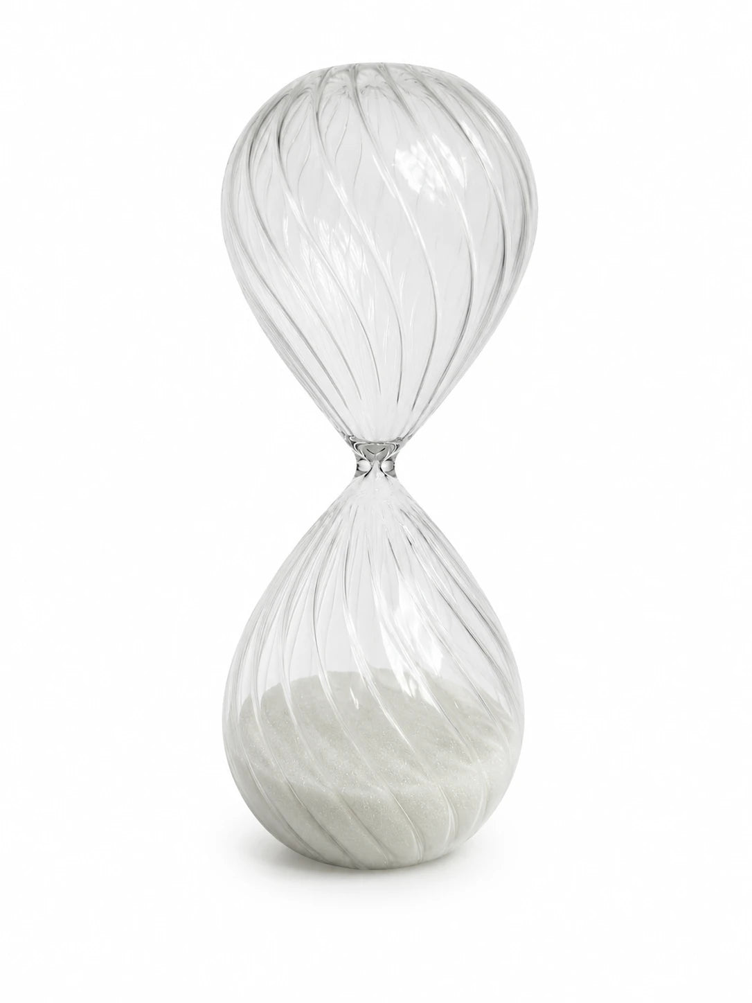 Hand Blown Glass Hourglass - Decorative Twisted Swirl with White Sand