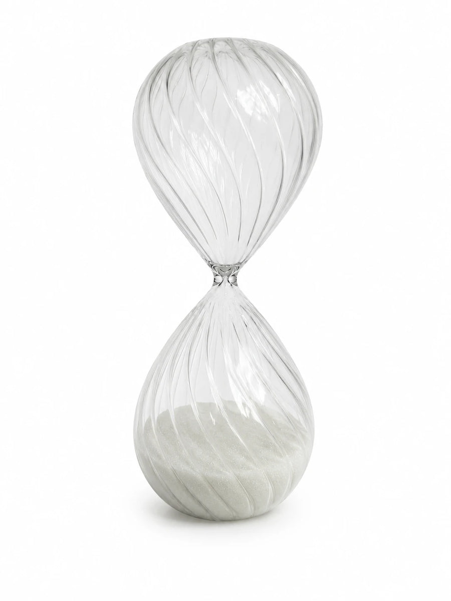 Hand Blown Glass Hourglass - Decorative Twisted Swirl with White Sand - Image 1