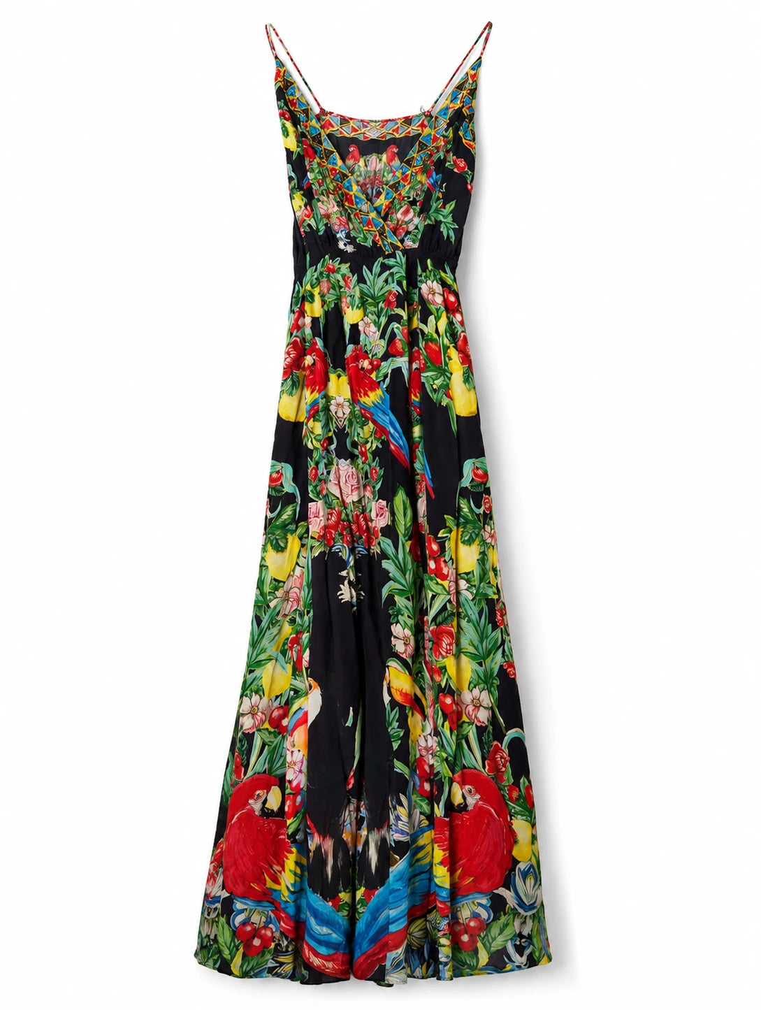 Camilla Parrot and Fruit Print Silk Maxi Dress with Crystal Embellishments - Image 1