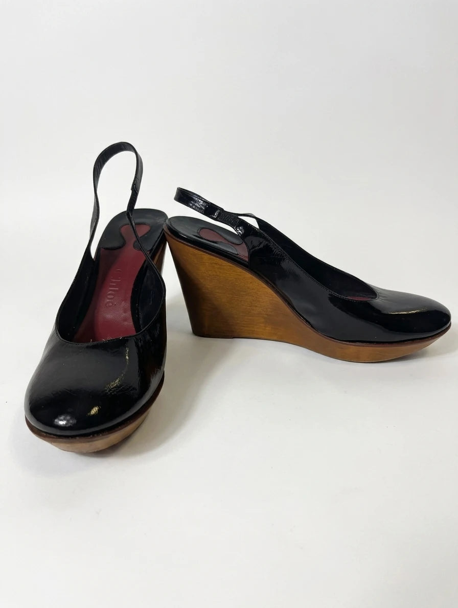 Chloé Black Patent Slingback Wedges EU38 - Image 1