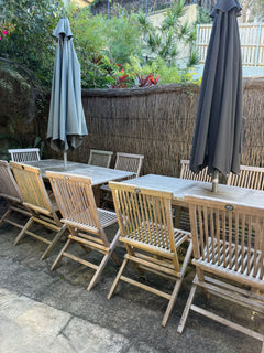 Teak Outdoor Dining Set - 2 Tables & 14 Folding Chairs - Image 1
