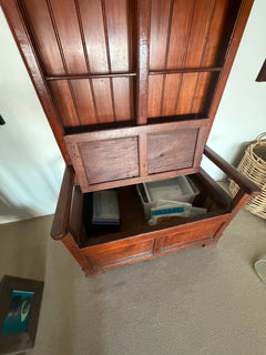 Antique Oak Wainscot Settle Bench - Storage Seat With Shelves - Image 3