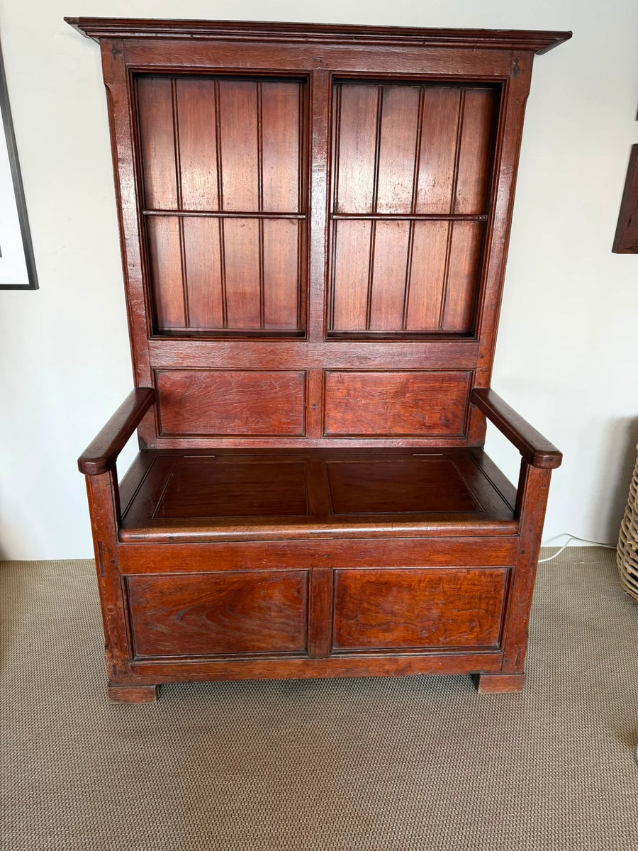 Antique Oak Wainscot Settle Bench - Storage Seat With Shelves - Image 6