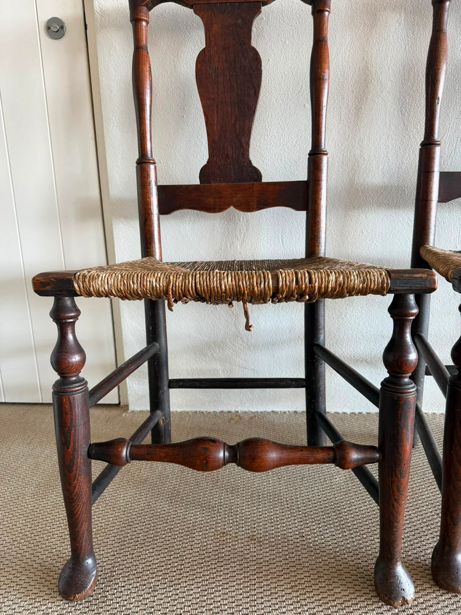 Antique English Oak Spindle Back Chairs Pair Dark Wood - Image 4