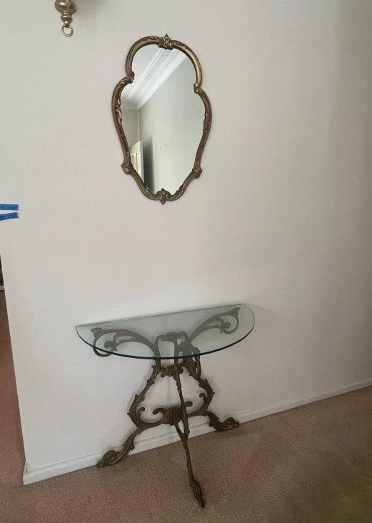 Vintage Ornate Brass and Glass Console Table with Matching Wall Mirror - Image 2