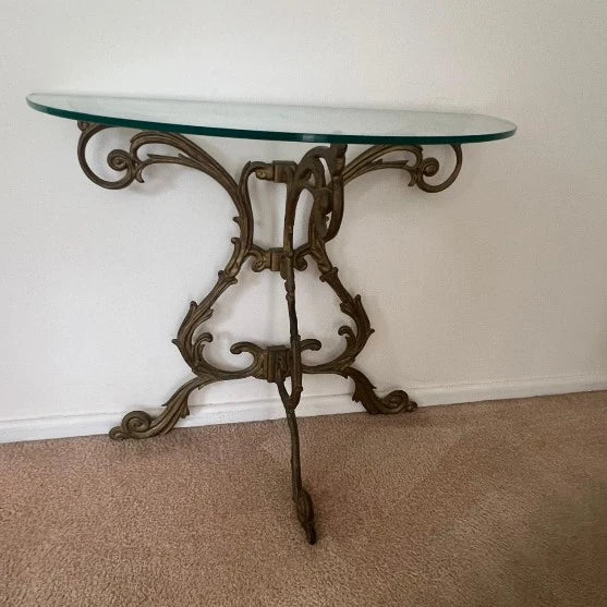 Vintage Ornate Brass and Glass Console Table with Matching Wall Mirror - Image 4