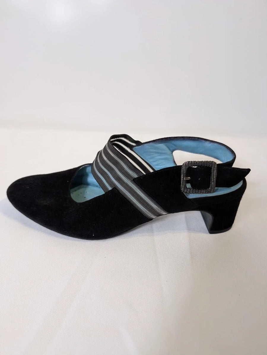 Thierry Rabotin Suede Slingback Heels Black Striped Strap - Image 4