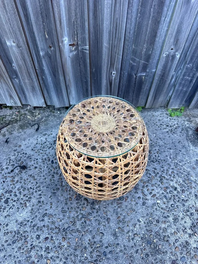 Rattan Side Table Glass Top Boho Wicker Stool Coastal Hamptons Bedside - Image 3
