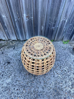 Rattan Side Table Glass Top Boho Wicker Stool Coastal Hamptons Bedside - Image 3