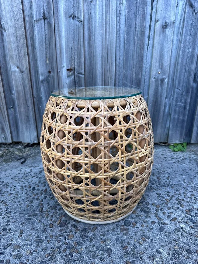 Rattan Side Table Glass Top Boho Wicker Stool Coastal Hamptons Bedside - Image 4