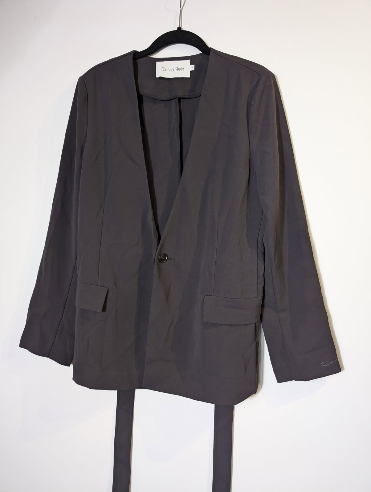 Calvin Klein Women's Open Front Belted Blazer Dark Grey Size 38 - Image 7