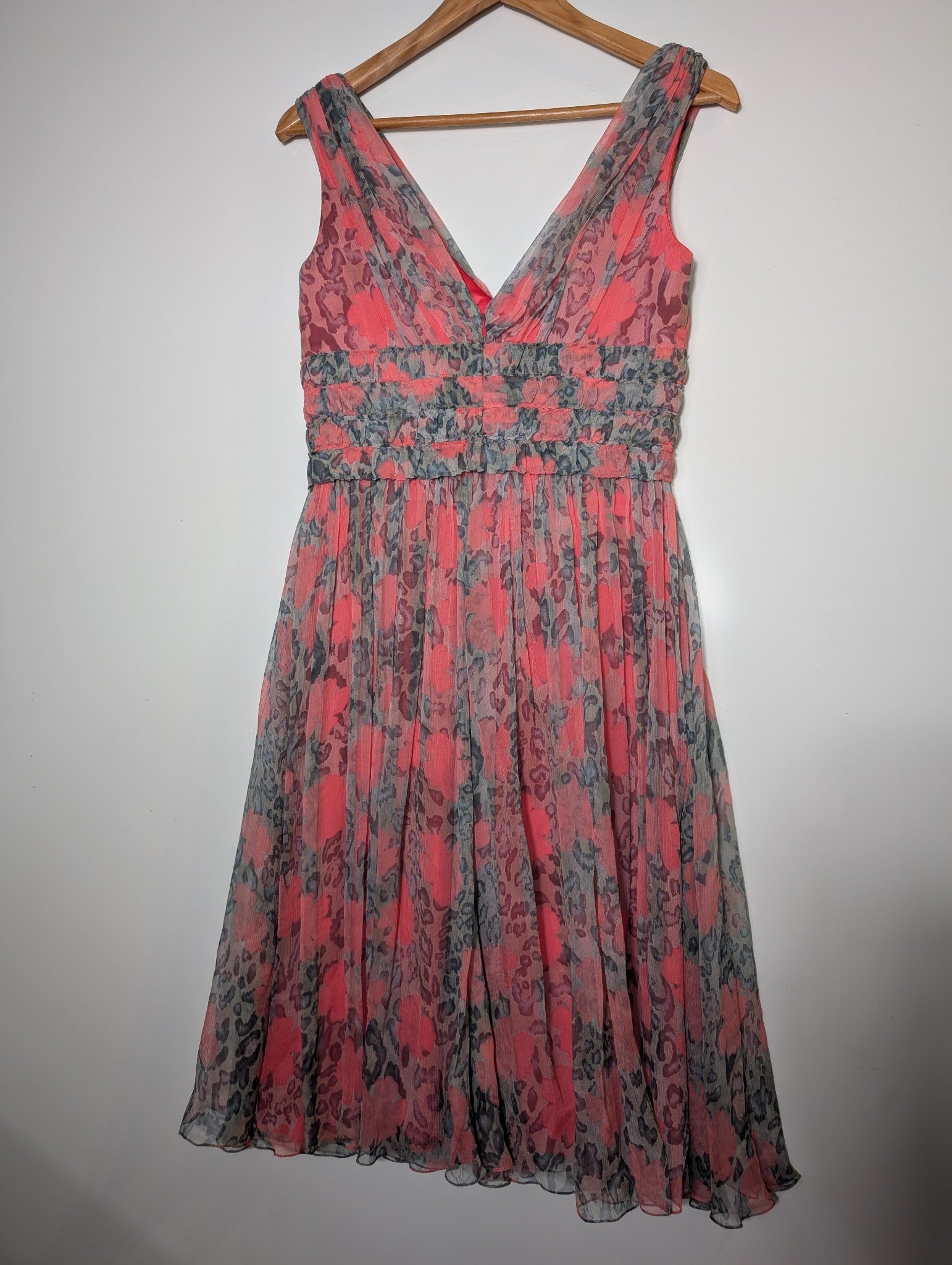 Collette Dinnigan Silk Chiffon Midi Dress Coral Leopard Print XS - Image 2