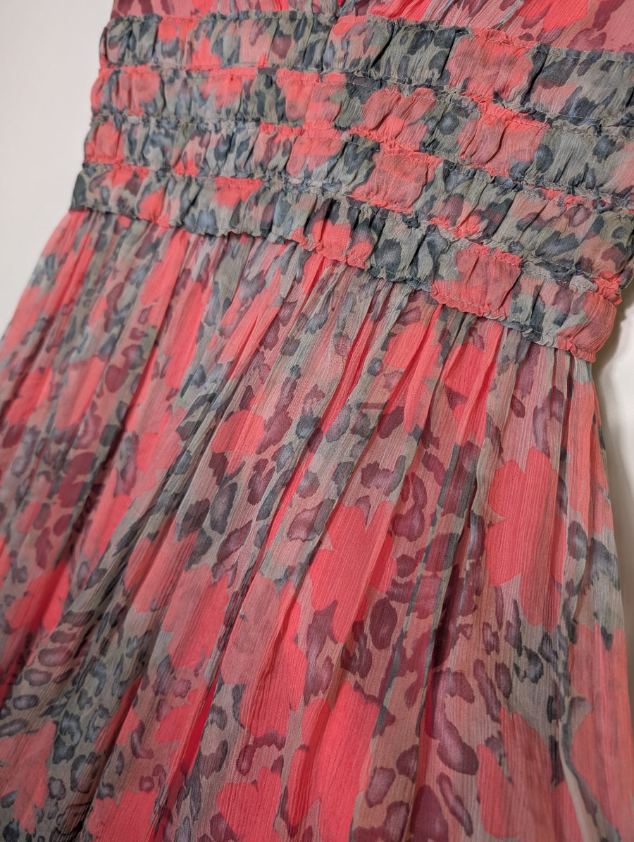 Collette Dinnigan Silk Chiffon Midi Dress Coral Leopard Print XS - Image 3
