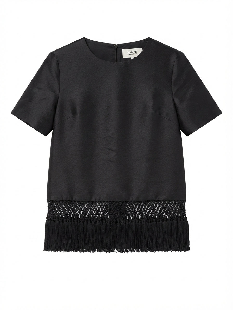 C/MEO Collective Satin Top with Macrame Fringe Hem Black XS