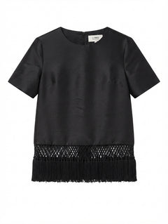 C/MEO Collective Satin Top with Macrame Fringe Hem Black XS - Image 1