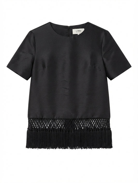 C/MEO Collective Satin Top with Macrame Fringe Hem Black XS - Image 1