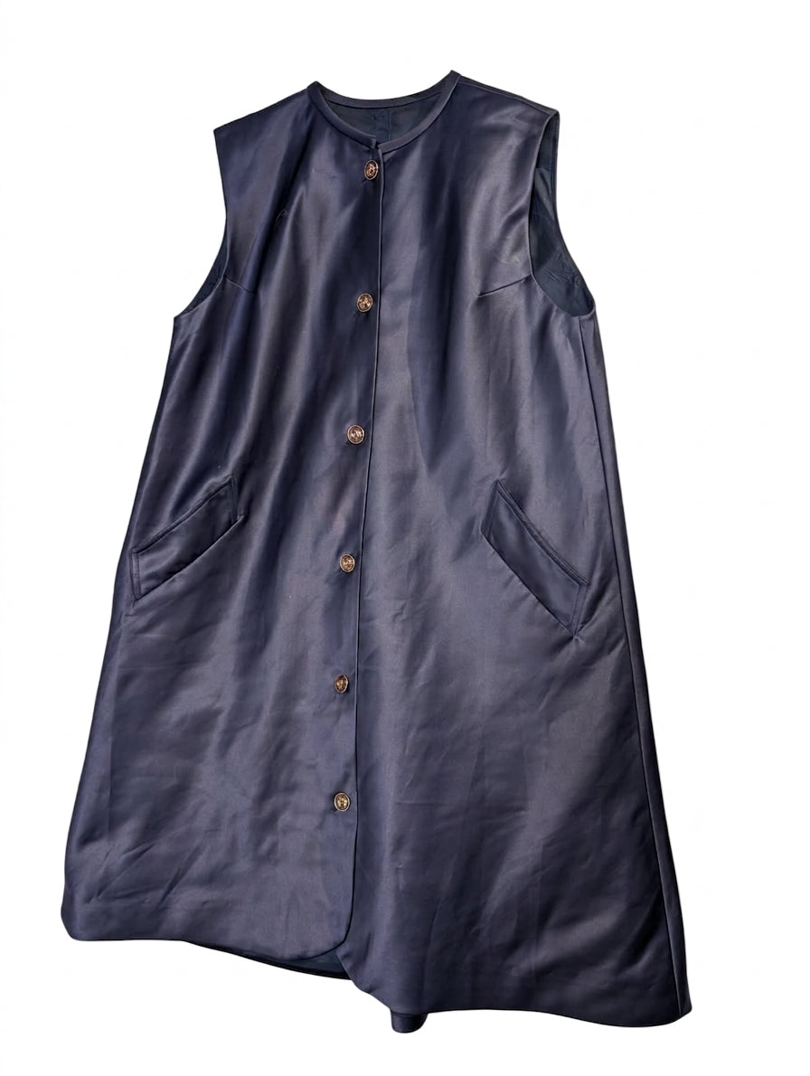 Vintage Sleeveless Button-Front Satin Tunic Vest - Navy Blue - Image 1