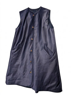 Vintage Sleeveless Button-Front Satin Tunic Vest - Navy Blue - Image 1