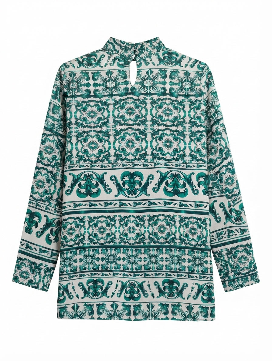 H&M Long Sleeve Blouse Green and White Tile Print US 6 - Image 1