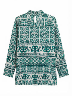 H&M Long Sleeve Blouse Green and White Tile Print US 6 - Image 1