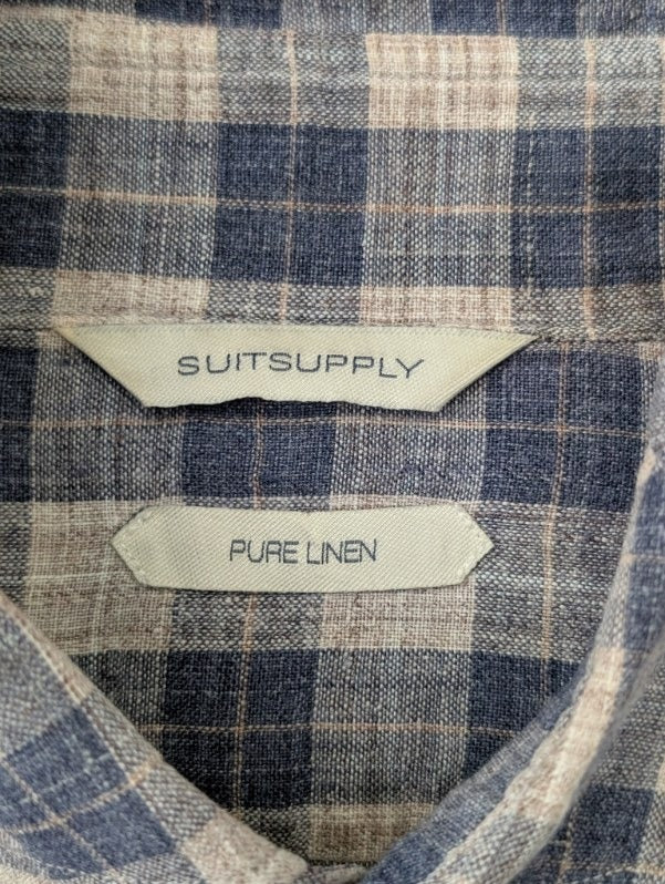 Suitsupply Men's Blue and White Check Pure Linen Shirt Size 37 / 14.5 - Image 8