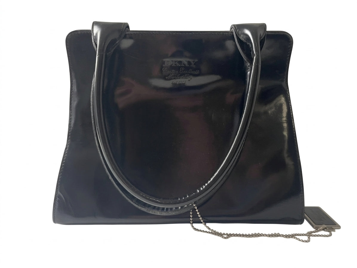 DKNY Black Patent Leather Structured Trapezoid Handbag - Image 1