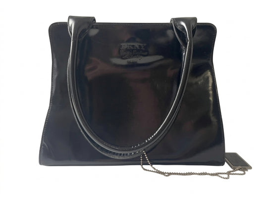 DKNY Black Patent Leather Structured Trapezoid Handbag - Image 1