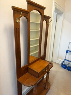 Vintage Wooden Wall-Mounted Hall Stand with Mirror and Drawer - Image 2