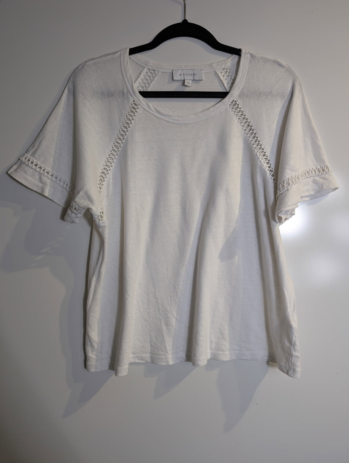 Witchery White T-Shirt with Crochet Detail Women's Size L - Image 2