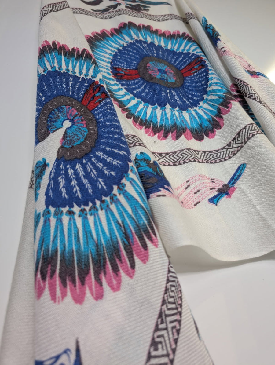 Vintage Native American Inspired Scarf Feather Print Cream - Image 2