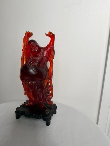 Vintage Chinese Red Resin Laughing Buddha Figurine with Stand - Image 4
