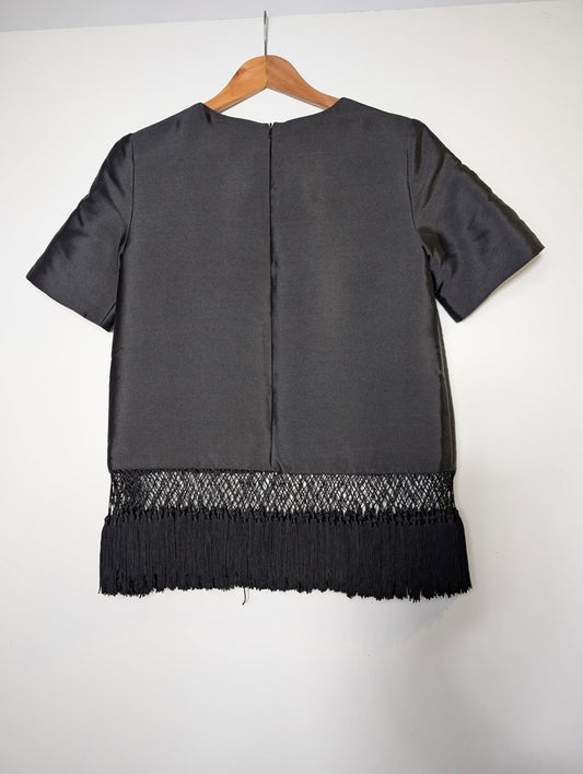 C/Meo Collective Black Satin Top - Macrame Fringe Hem - Image 2