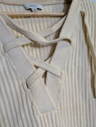 Oroton Ribbed Knit Lace-Up Polo Top Cream Women's Size S - Image 3