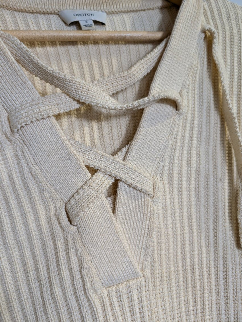 Oroton Ribbed Knit Lace-Up Polo Top Cream Women's Size S - Image 3