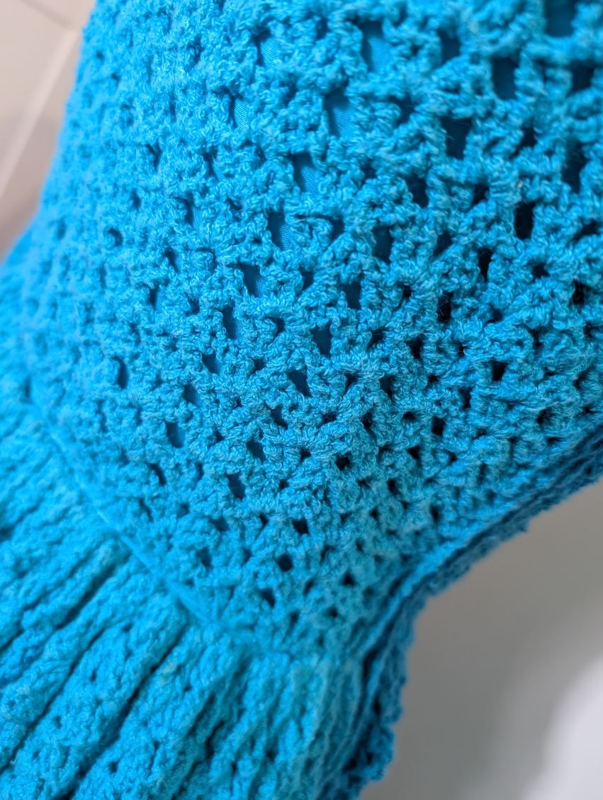 Vintage Handmade Crochet Maxi Dress - Vibrant Blue Long Sleeve - Image 3