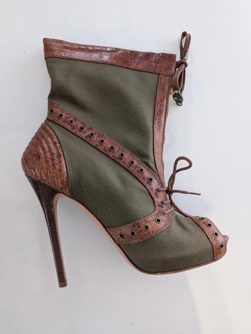 Alexander McQueen Olive Canvas & Brown Leather Peep Toe Stiletto Boots EU 38 - Image 2