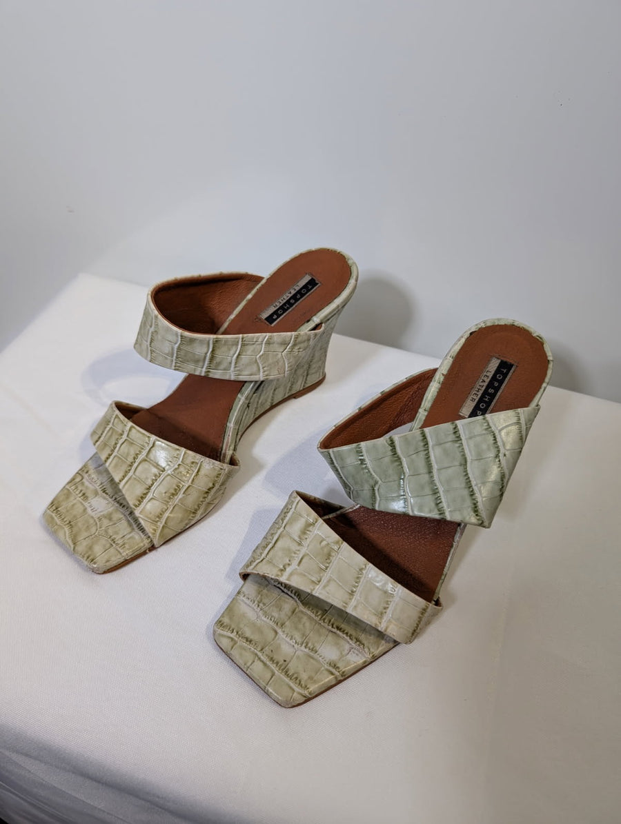 Topshop Croc-Embossed Leather Wedge Mules Sage Green EU 37 - Image 2
