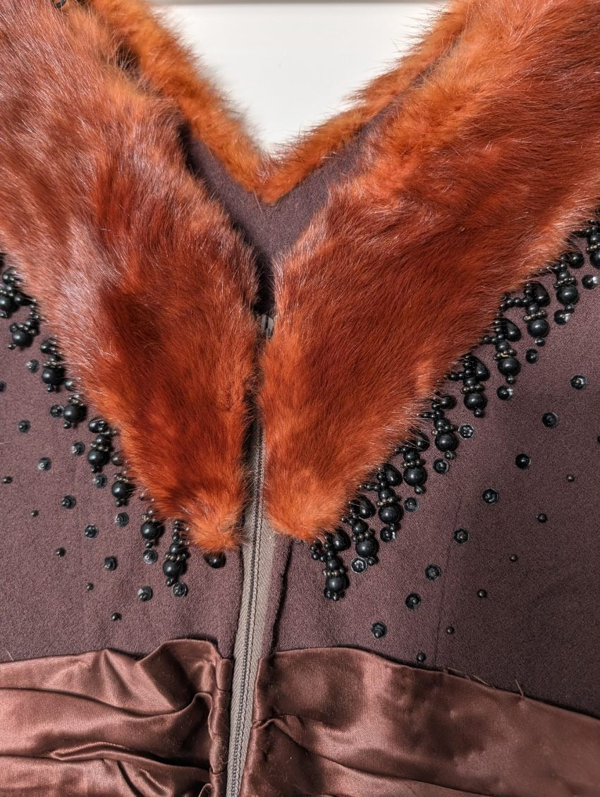 Vintage Raoul Couture Brown Wool Evening Dress with Faux Fur Collar - Image 2