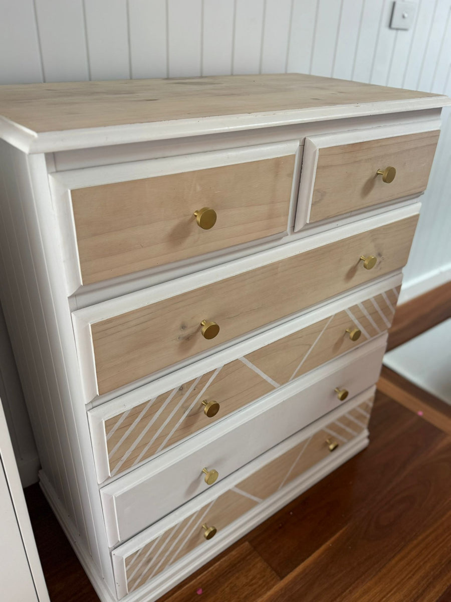 Upcycled Wooden Chest of Drawers Geometric Pattern Brass Knobs - Image 2