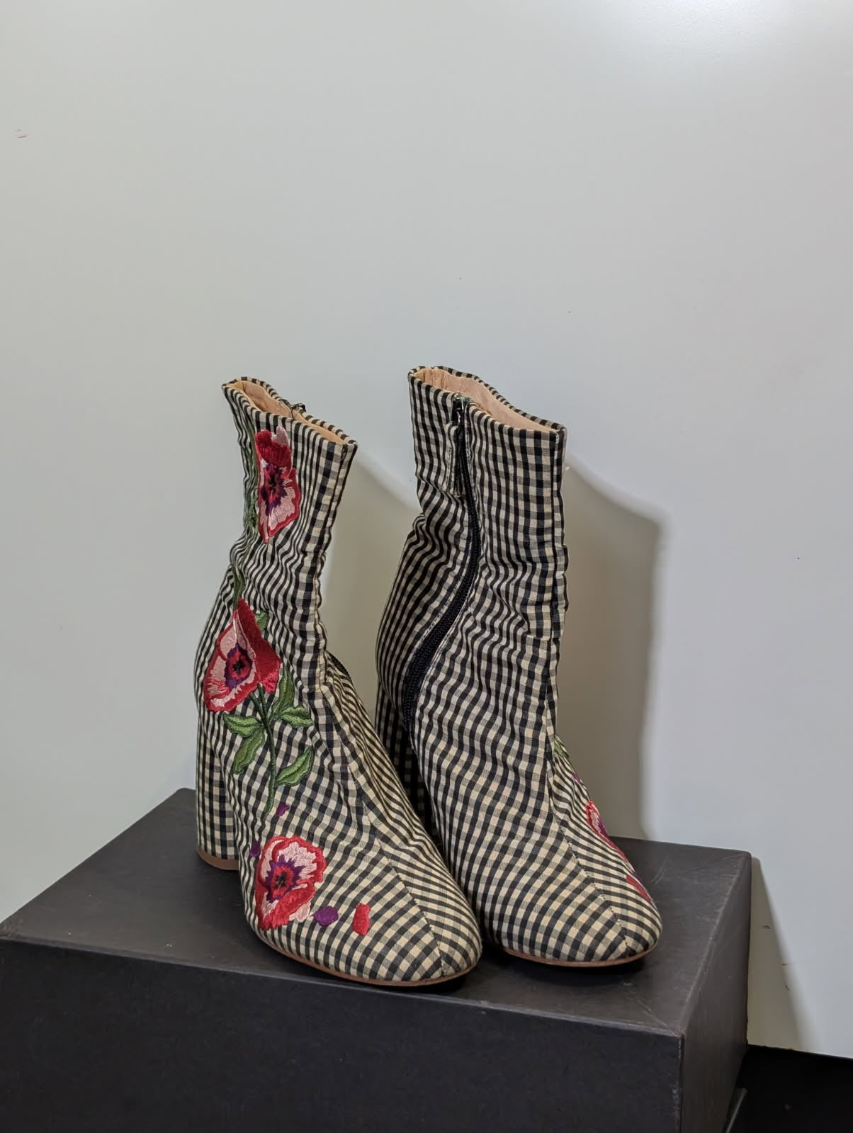 Topshop Gingham Floral Embroidered Ankle Boots - EU 39 - Image 2