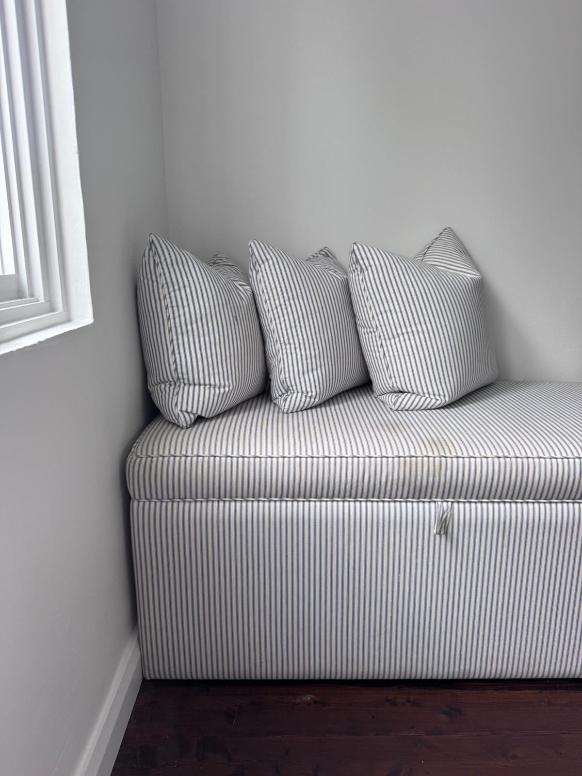 Custom Upholstered Storage Ottoman Bench - Blue & White Stripe - Image 3