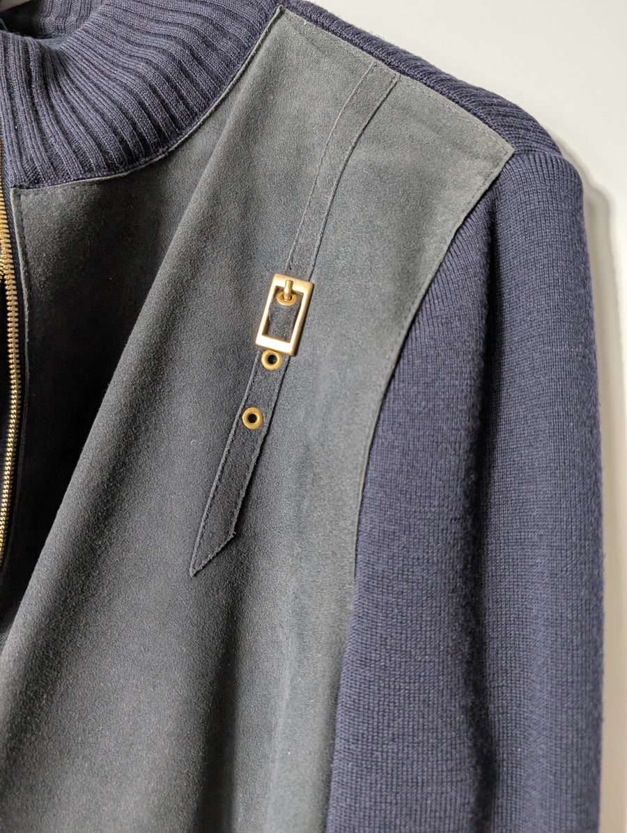 Basler Weekend Wool and Suede Zip-Up Jacket Navy EU 38 UK 12 - Image 2