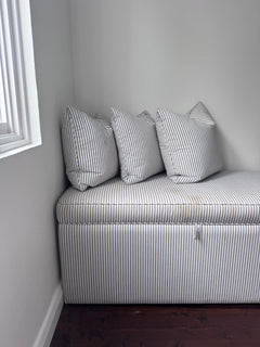 Custom Upholstered Storage Ottoman Bench - Blue & White Stripe - Image 3